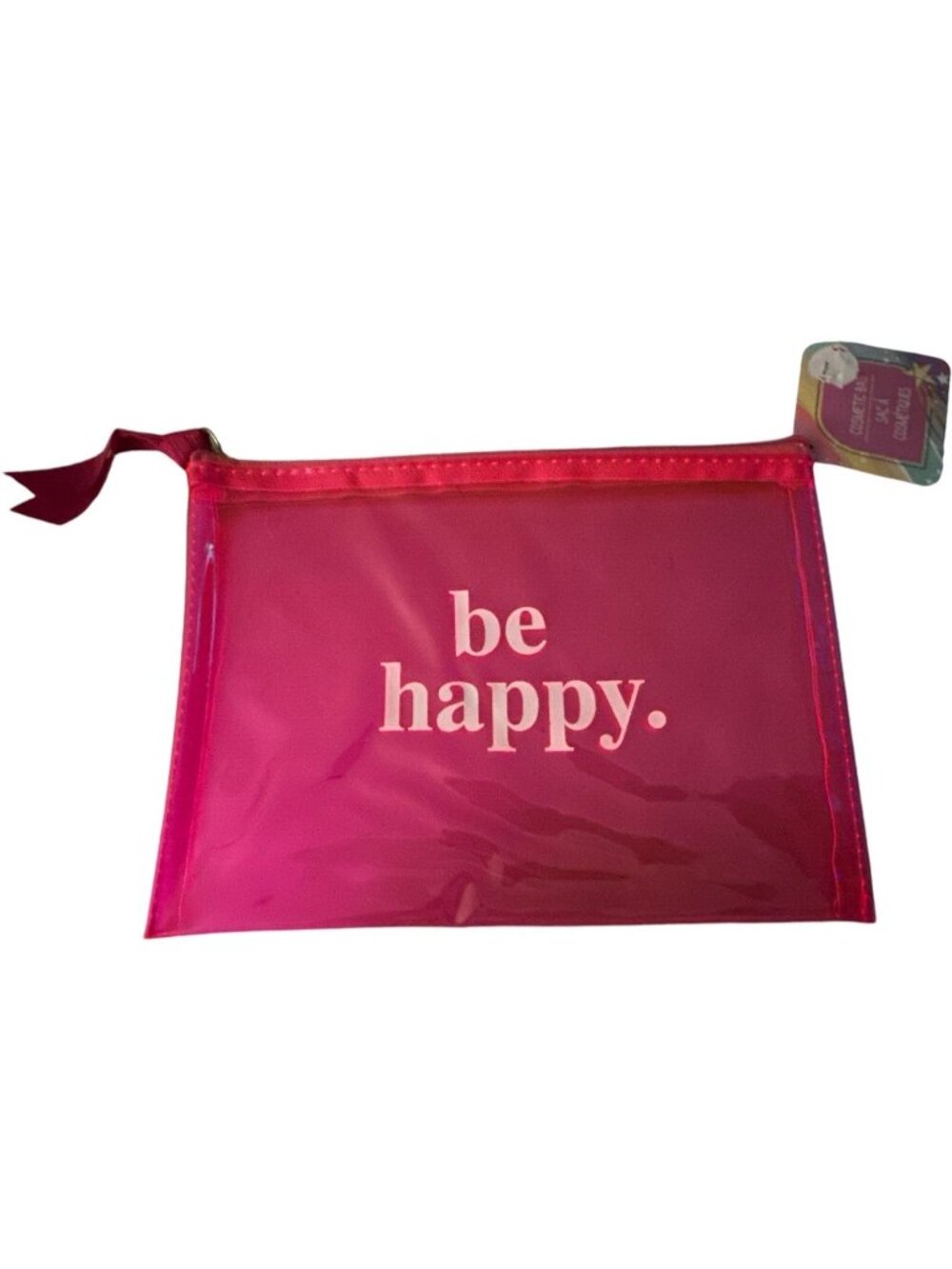 Cosmetic Toiletry Transparent Bag Be Happy Hot Pink new